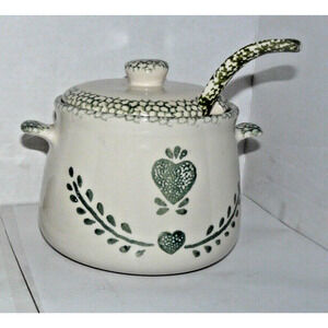 Vtg ceramic pottery ivory green heart soup tureen double handles lid ladle